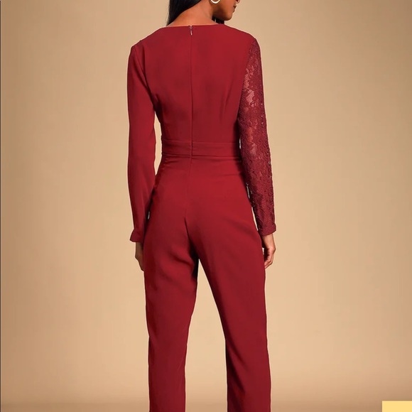 Burgundy Lace Long Sleeve Jumpsuit - Picture 2 of 3